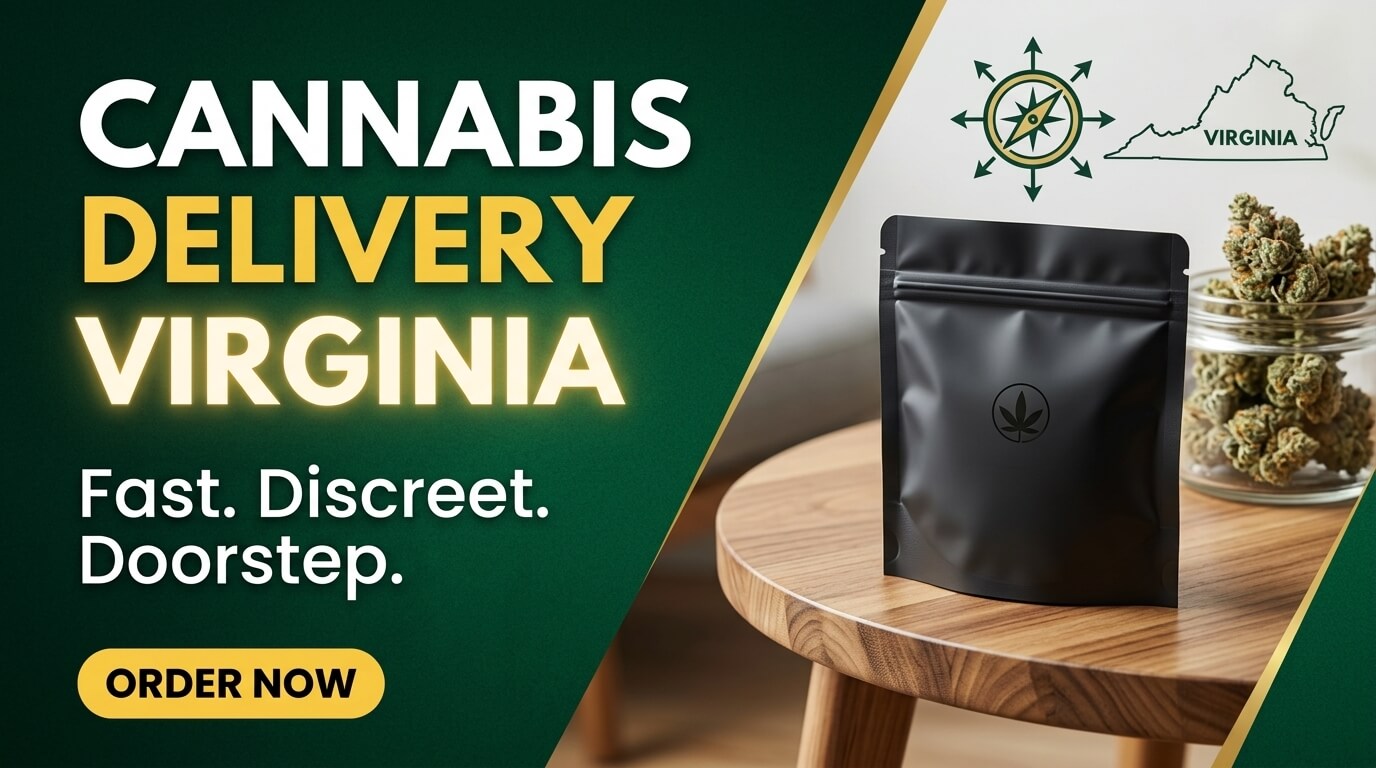 A sleek, discreet package containing premium cannabis delivery virginia products on a wooden tabletop