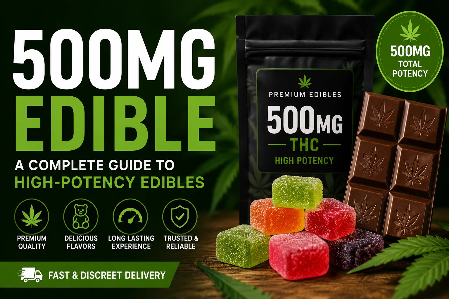 “500mg edible guide thumbnail featuring premium gummies, infused chocolate, and high-potency edible packaging for fast and discreet delivery.”