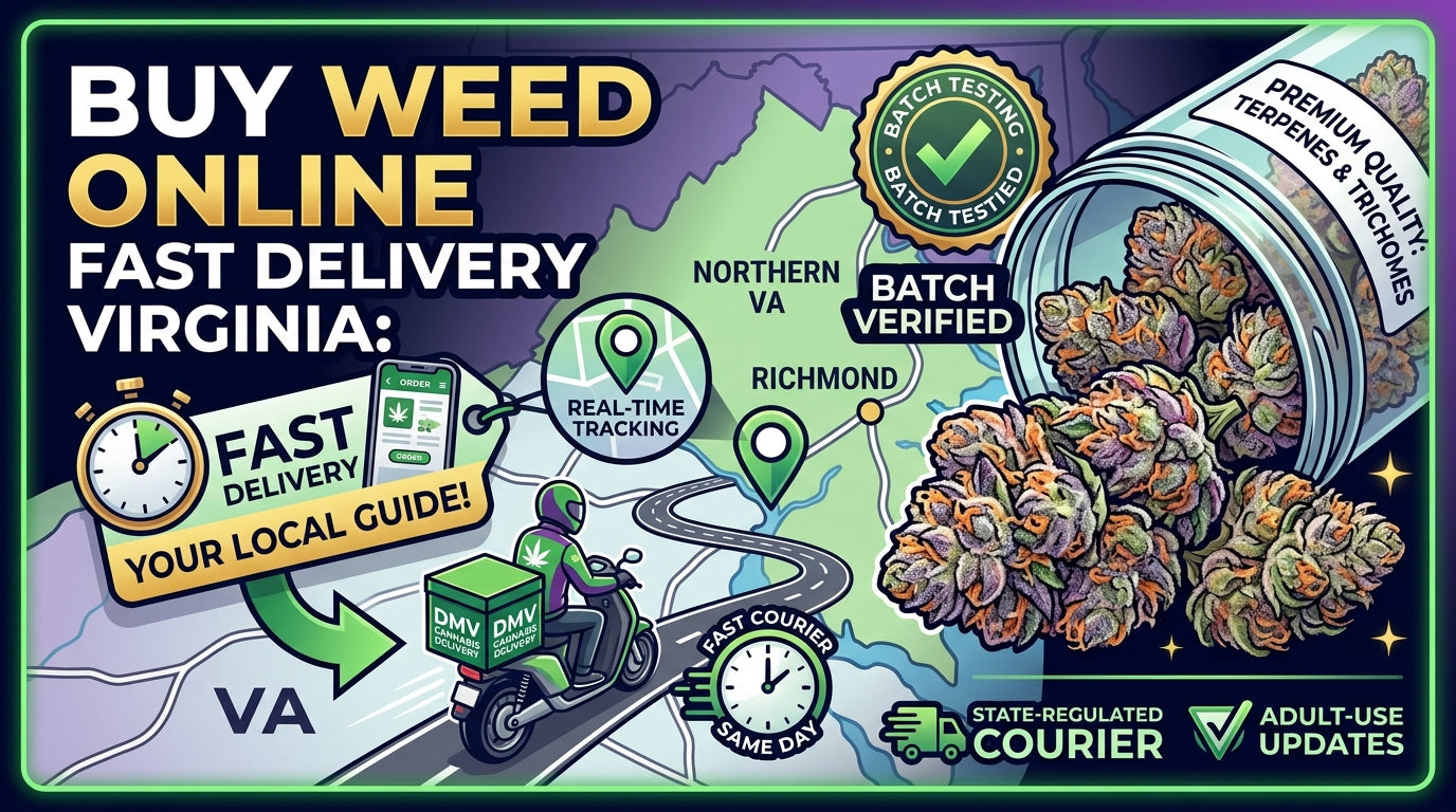 "Graphic guide illustration for buying weed online with fast delivery in Virginia, featuring a delivery scooter navigating a state map route alongside an open jar of premium top-shelf cannabis flower and verification badges."