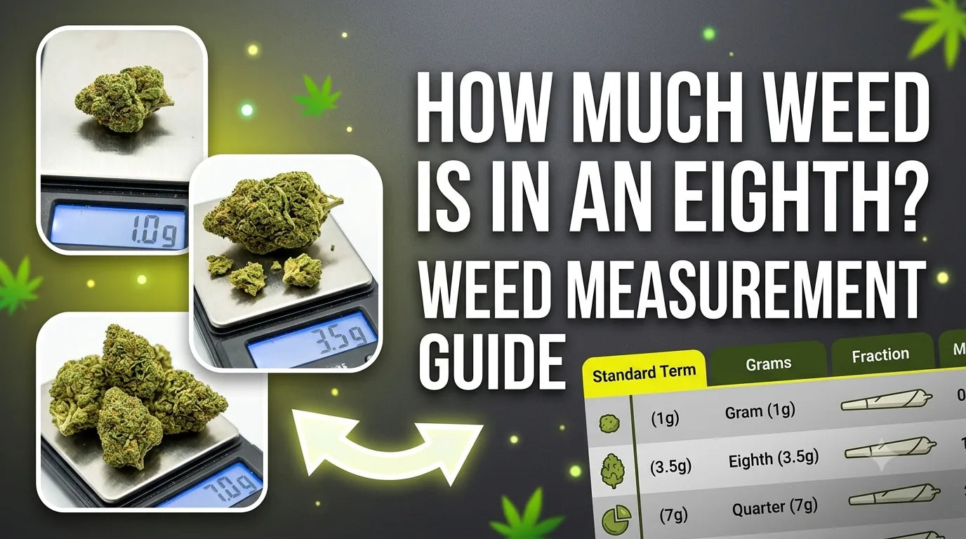 Weed measurement guide thumbnail showing digital scales with 1g, 3.5g, and 7g cannabis flower alongside a weight comparison chart.