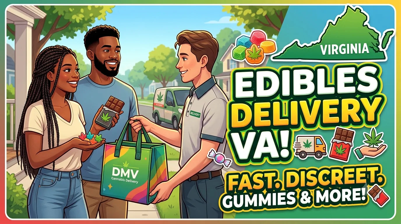 Assorted THC gummies, chocolates, and infused edibles packaged for discreet delivery in Virginia.
