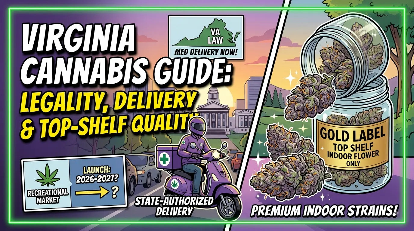 "Illustration representing weed delivery in Virginia, featuring a delivery scooter, local map graphics, legal status labels, and a glass jar of Gold Label top-shelf indoor flower."