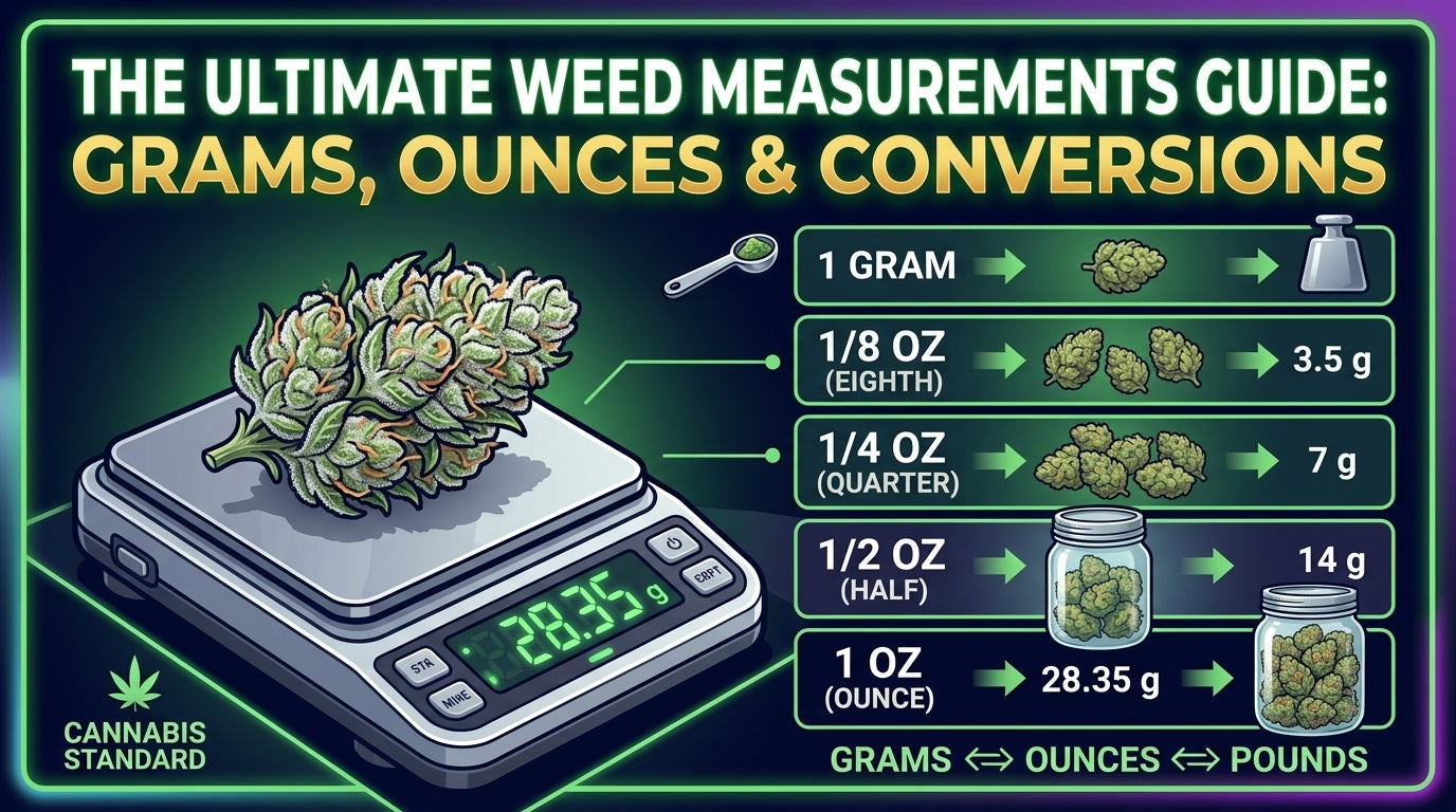 "Infographic blog thumbnail for a weed measurements guide, featuring a digital scale weighing a cannabis bud alongside a weight conversion chart for grams, eighths, quarters, halves, and ounces."