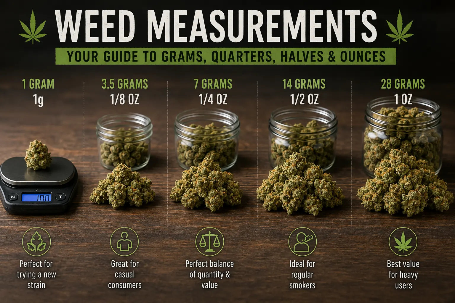 Weed measurements chart showing common cannabis weights in grams and ounces.