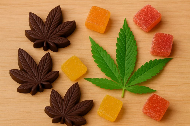 Weed edibles guide for the DMV—leaf-shaped chocolates, colorful gummies, and fresh cannabis leaf