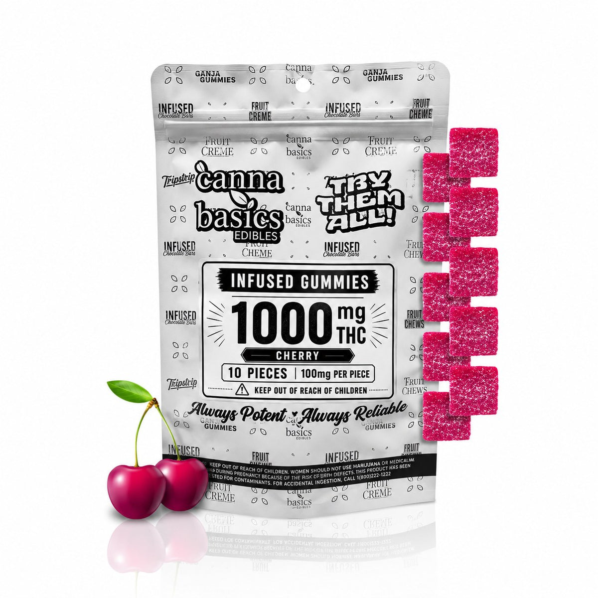 1000mg Cherry THC Gummies - 10 fruit chews at 100mg each