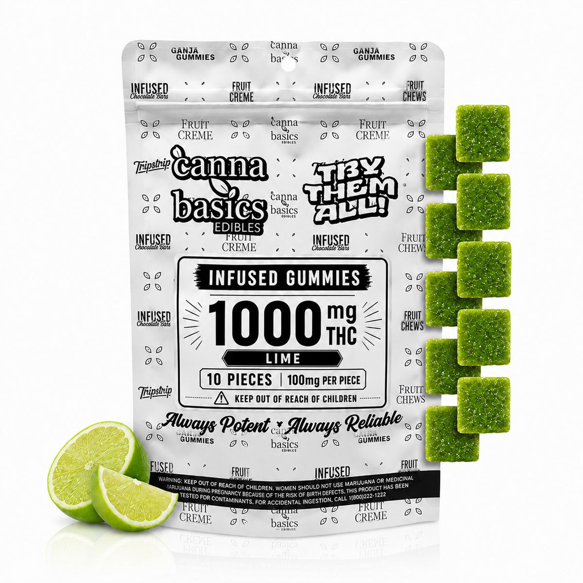 1000mg Lime THC Fruit Chews - 10 pieces at 100mg
