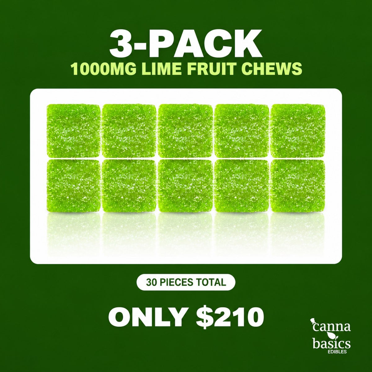 3-Pack 1000mg Lime THC Fruit Chews - 30 pieces for $210