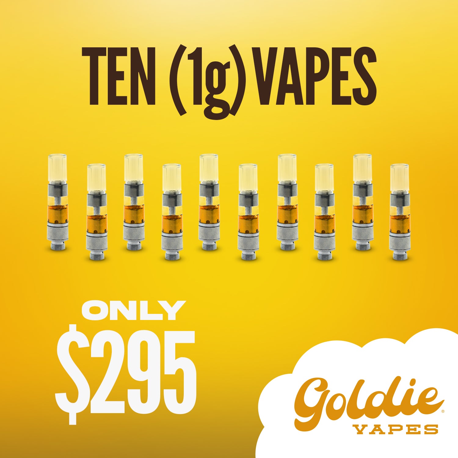 Buy 10 Pack Goldie Vapes 1g cartridges (Mixed Flavors) online with fast delivery in Virginia & DMV. Premium THC vape pen carts delivered discreetly.