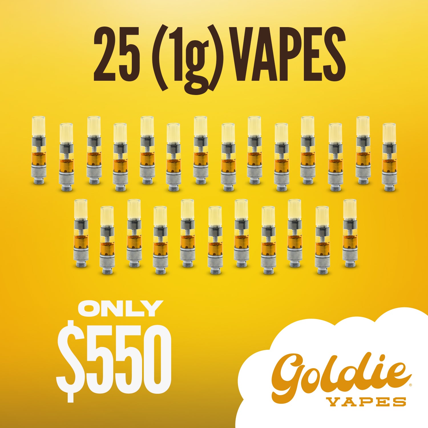 Buy 25 Pack Goldie Vapes 1g cartridges (Mixed Flavors) online in bulk with fast delivery in Virginia & DMV. Premium THC vape pen carts delivered discreetly.