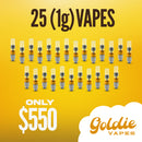 Buy 25 Pack Goldie Vapes 1g cartridges (Mixed Flavors) online in bulk with fast delivery in Virginia & DMV. Premium THC vape pen carts delivered discreetly.