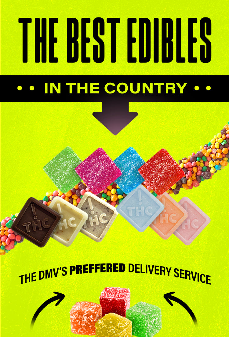 Cannabis edibles delivery banner with THC gummies and candy products from DMV Cannabis Delivery.