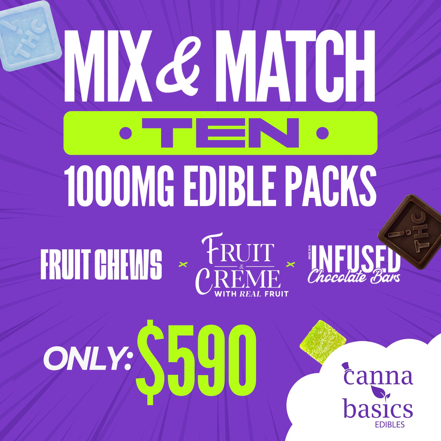 TEN (10) 1000MG 10 PC FRUIT CHEWS/CHOCOLATES/CREMES - MIX AND MATCH
