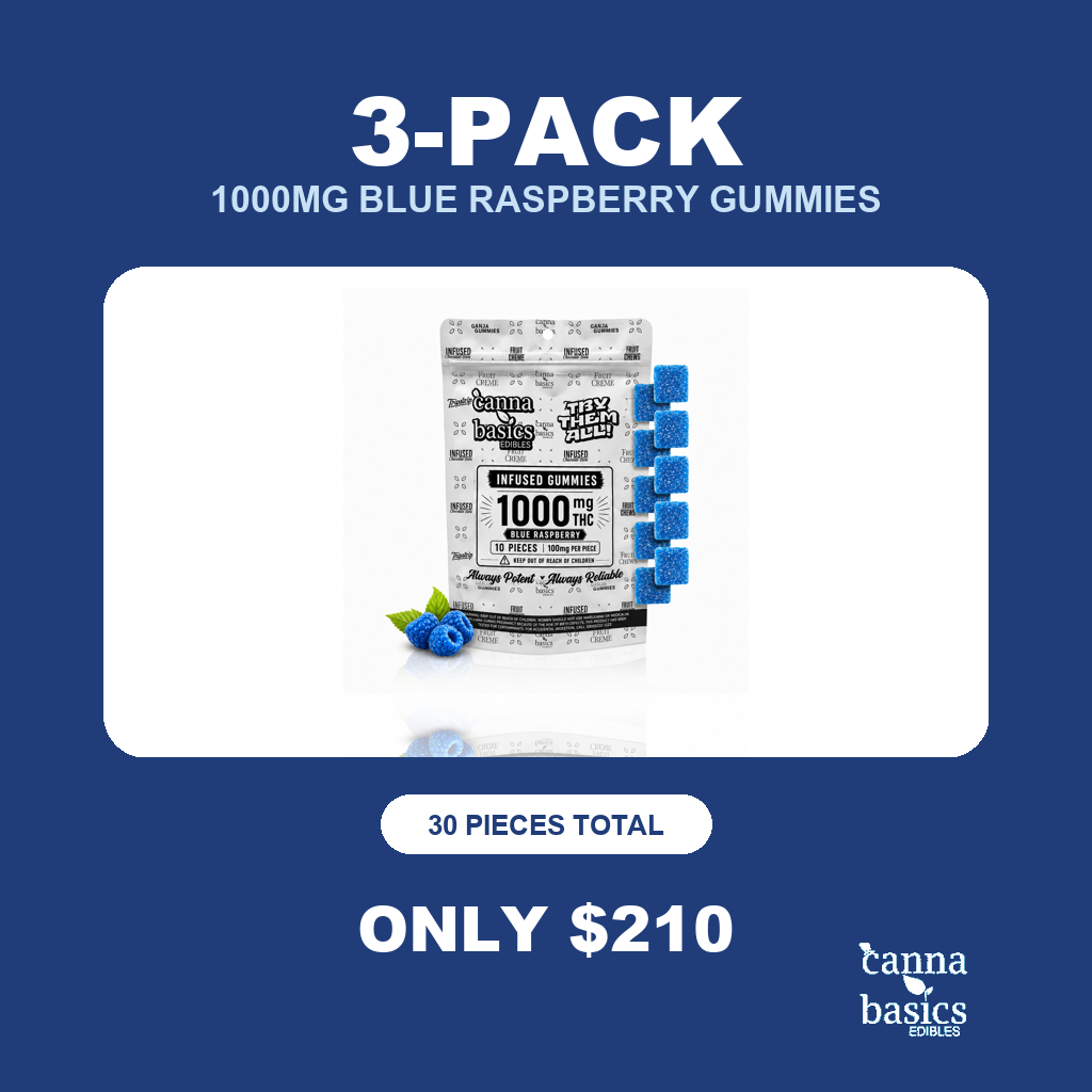 3-Pack 1000mg Blue Raspberry Gummies THC edibles DMV