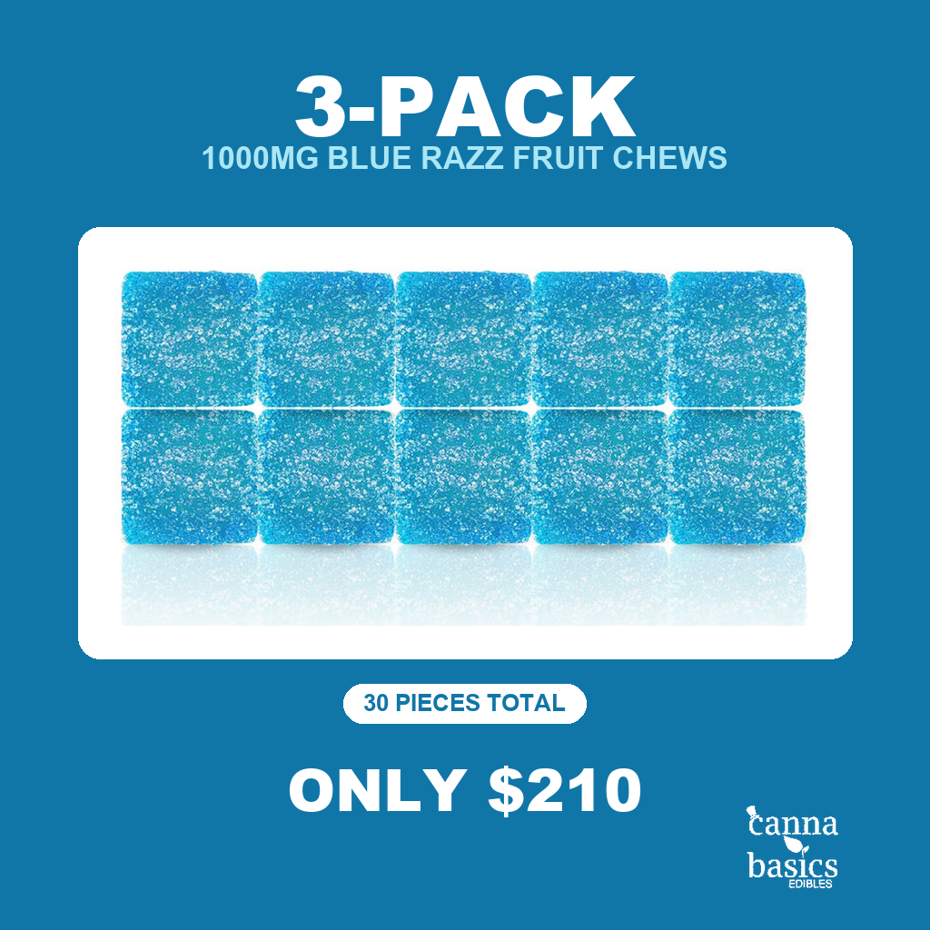 THREE (3) 1000MG BLUE RAZZ FRUIT CHEWS - 10PC PACKS
