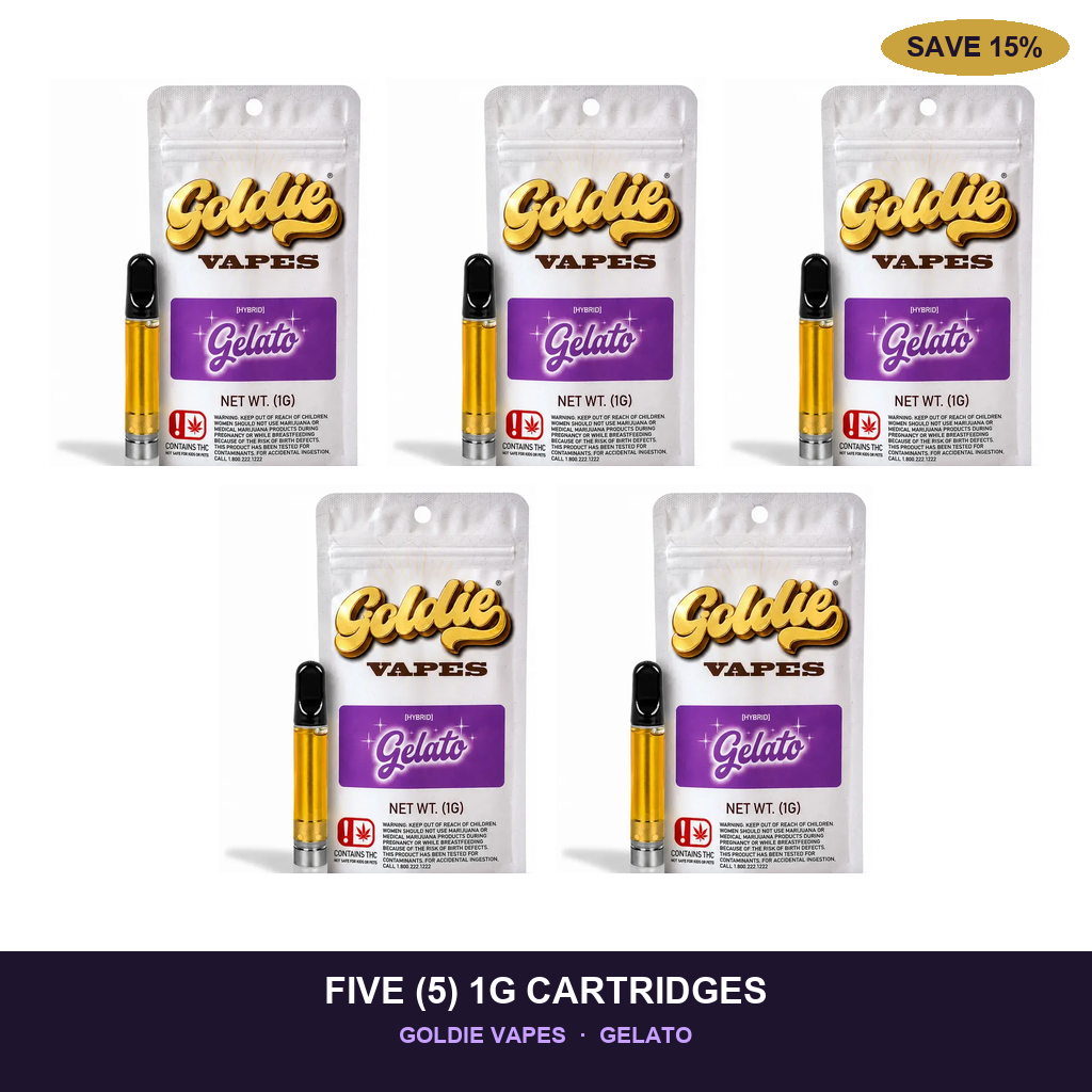 FIVE (5) 1 GRAM VAPE CARTRIDGES - GOLDIE VAPES BRAND - GELATO