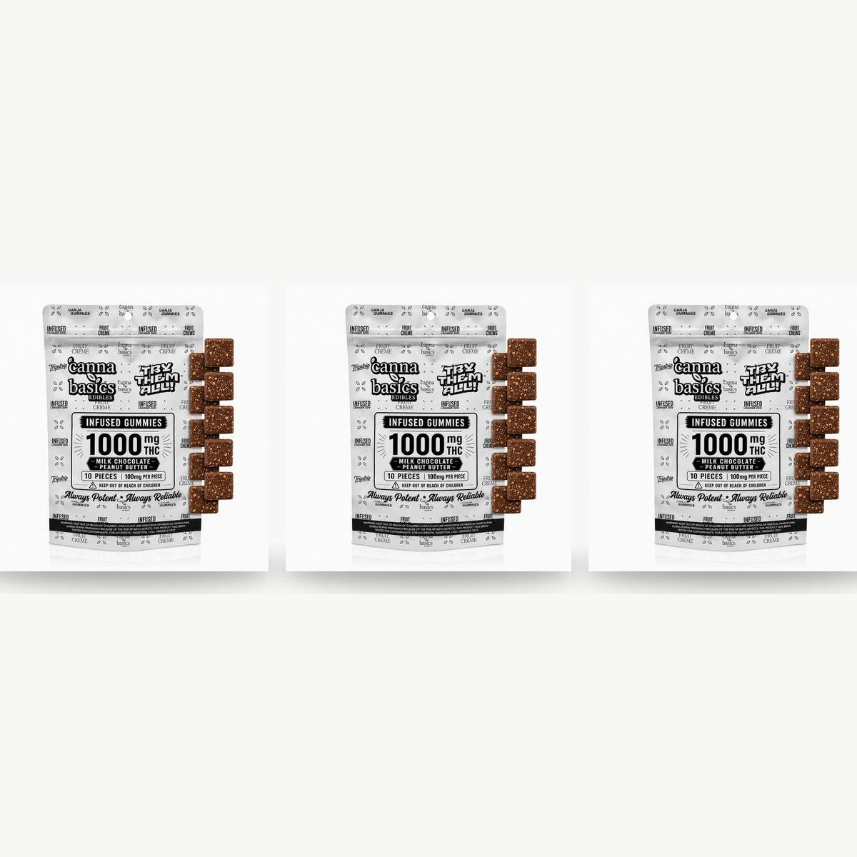 3-Pack 1000mg Milk Chocolate Peanut Butter THC edibles DMV
