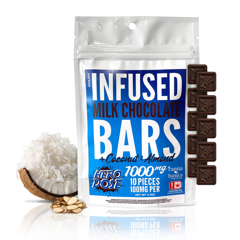 1000MG MILK CHOCOLATE WITH COCONUT AND ALMOND - 10 PIECES