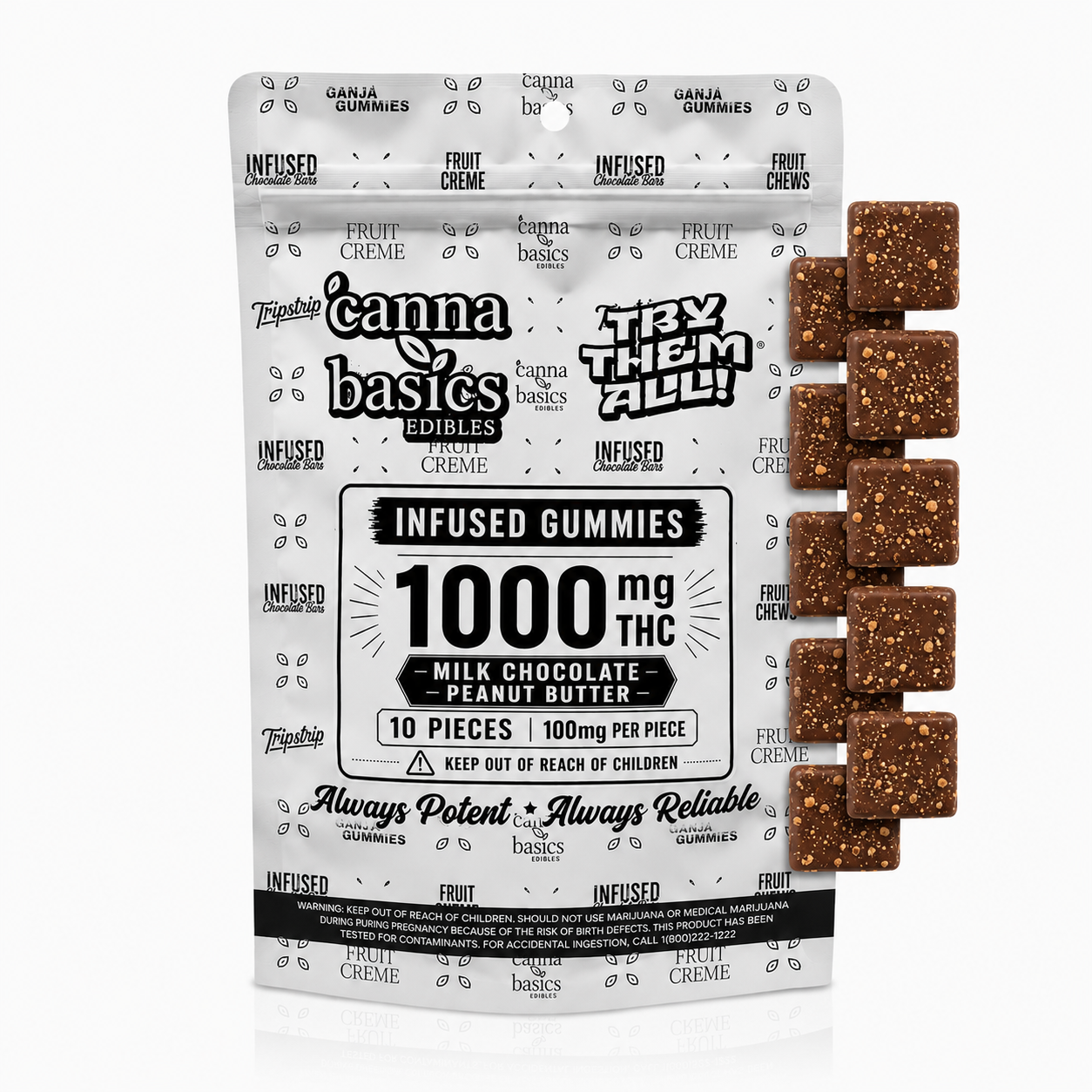 1000MG PEANUT BUTTER MILK CHOCOLATE - 10 PIECES