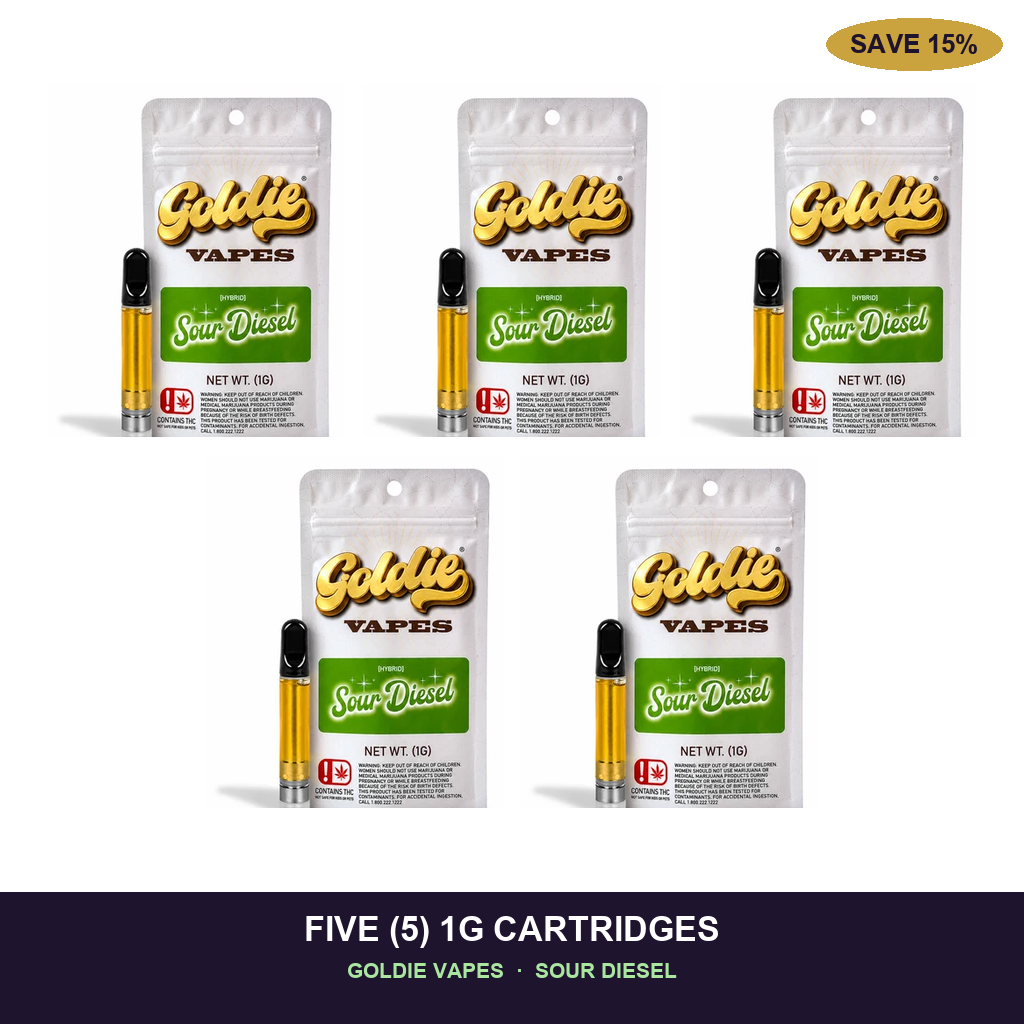 FIVE (5) 1 GRAM VAPE CARTRIDGES - GOLDIE VAPES BRAND - SOUR DIESEL